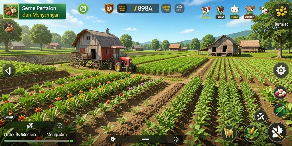 Tangkapan layar utama 898A dengan pemandangan ladang yang indah dan hewan ternak.