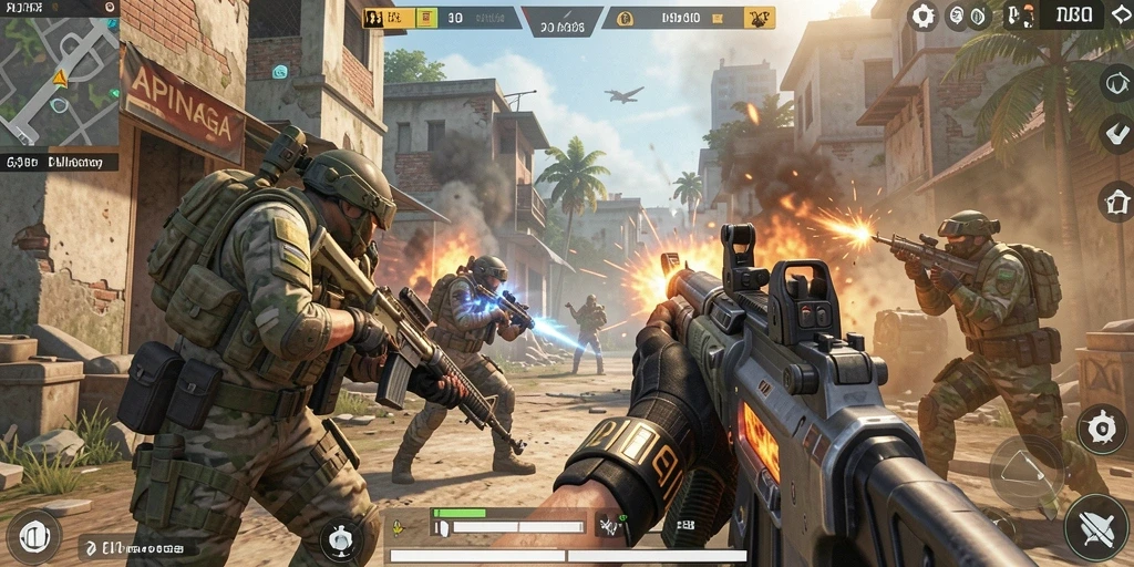 Screenshot gameplay APINAGA menampilkan aksi tembak-menembak yang mendebarkan.