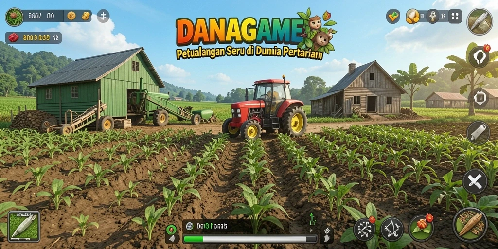 Screenshot gameplay menunjukkan ladang yang subur dan aktivitas bercocok tanam.