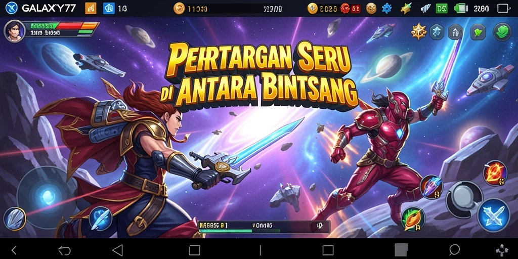 Screenshot GALAXY77 menampilkan aksi epic di luar angkasa.