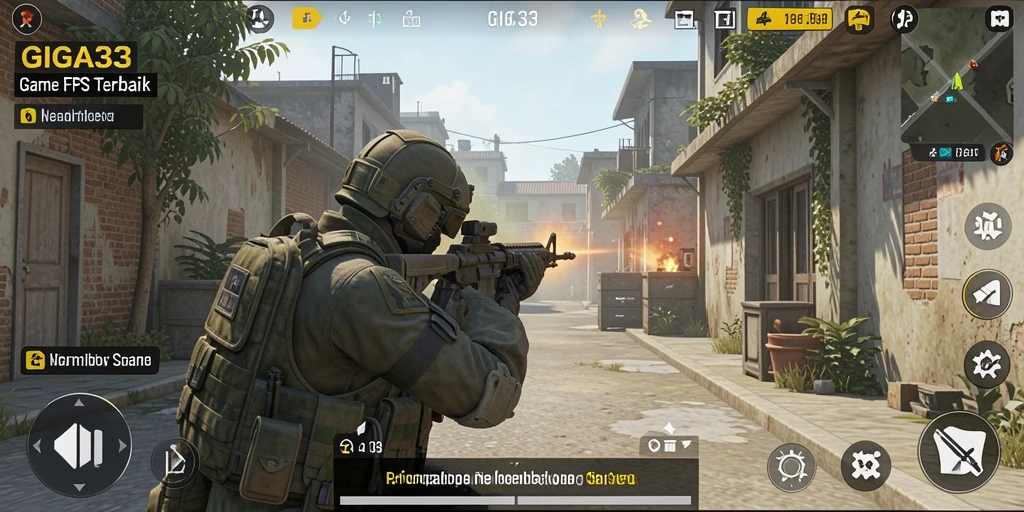 Screenshot gameplay GIGA33 menampilkan aksi menembak yang intens.