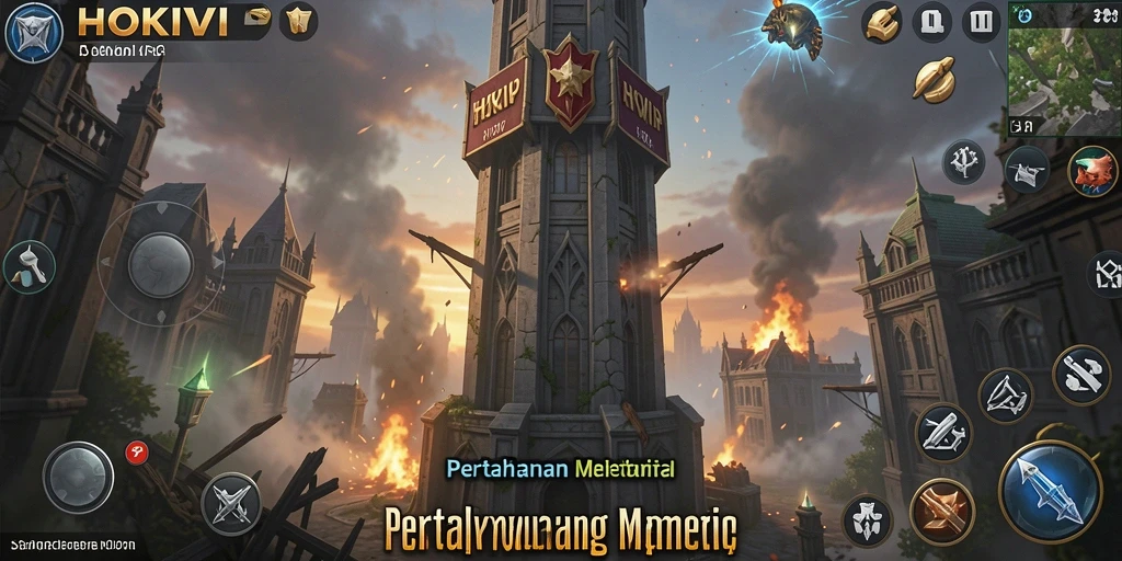 Screenshot HOKIVIP menunjukkan aksi menara pertahanan yang dramatis.