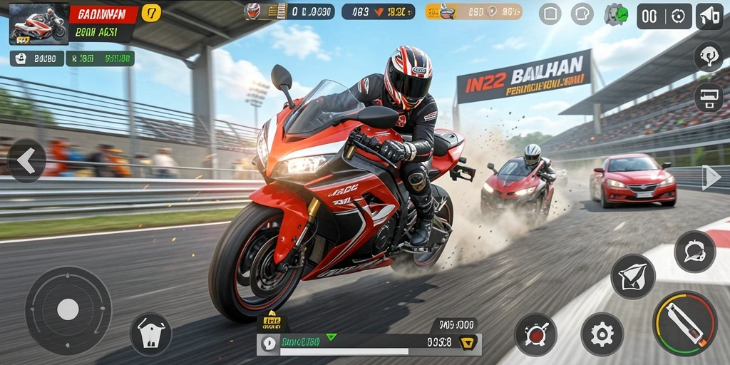 Gameplay IN22 dengan motor balap yang mengesankan dan trek yang menantang.