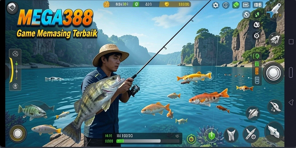 Screenshot utama MEGA388 menampilkan aksi seru saat menangkap ikan.