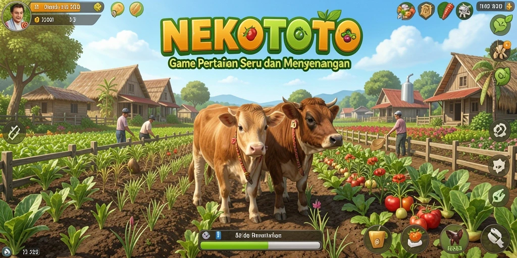 Screenshot gameplay NEKOTOTO yang menunjukkan aktivitas bertani dan merawat kebun.