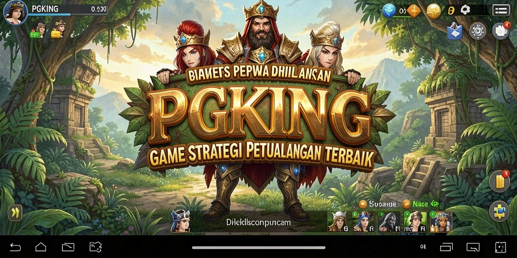 Screenshot gameplay PGKING menampilkan pertempuran epik dan pembangunan kerajaan.