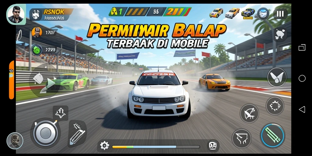 Tampilan screenshot gameplay RSNOK dengan mobil balap berkecepatan tinggi.