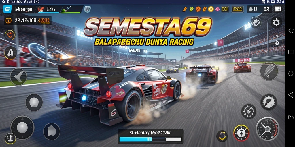 Tangkapan layar gameplay SEMESTA69 memperlihatkan aksi balapan yang intens.