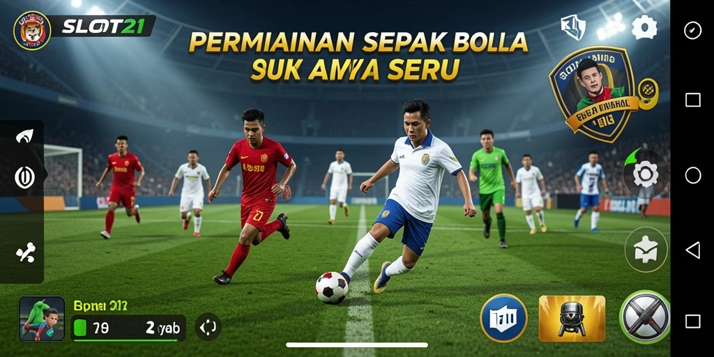 Screenshot utama SLOT21 menunjukkan gameplay sepak bola yang mendebarkan.